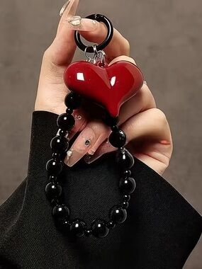 Red Heart Keyring Wristlet with Black Beaded Loop